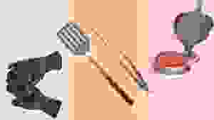 Grill gloves, spatula, tongs, and burger press on colorful background