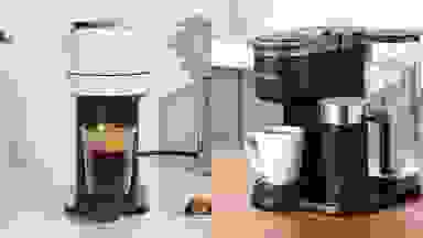 Left: white Nespresso machine with frothy cup of coffee. Right: Keurig machine with white mug full of coffee.