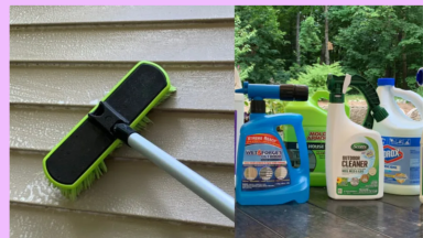 On the left, a brush scrubbing vinyl siding. On the right, a collection of vinyl siding cleaners.