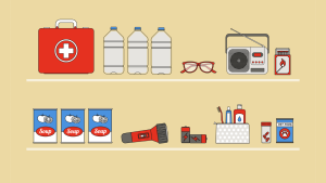 Cartoon emergency products sitting on thin, white selves against a tan background