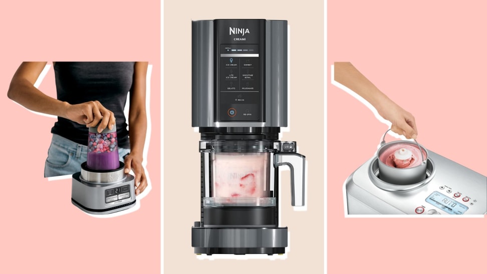 Left to right: person using the Ninja Smoothie Maker, Ninja Creami filled with strawberry ice cream, hand removing ice cream from Breville ice cream machine