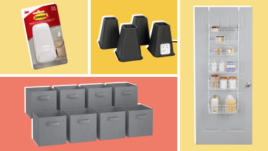 A collage featuring a door hanger, organizer, storage cubes and bed lifts.