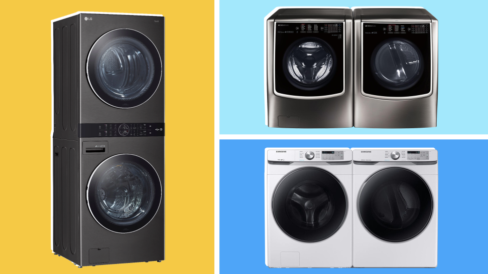 Three washer dryer sets sit on a colorblock background of yellow, aqua and blue.