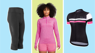 On left, product shot of the black Louis Garneau Women’s Cycling Capris. In middle, model with curly hair long-sleeve, pink Nike Element ½-Zip Running Top with thumbholes and pink bike short. On right, product shot of the black, white, pink printed Beroy Beroy Women’s Cycling Jersey.