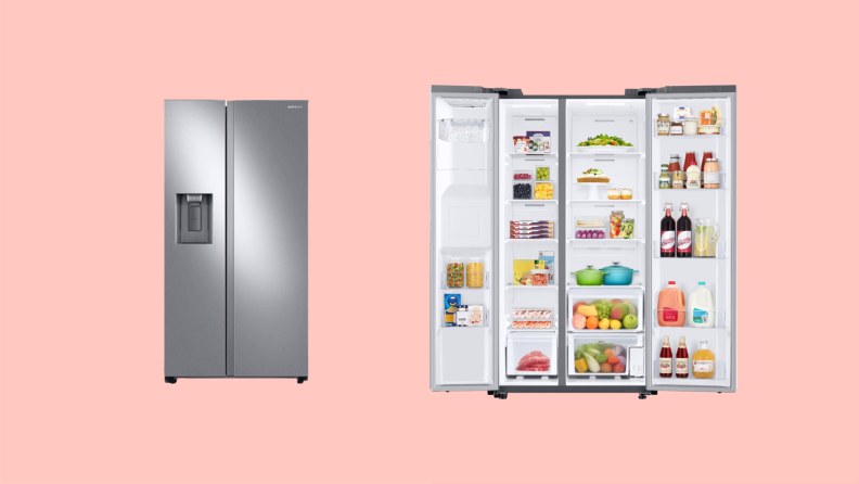 A shot of a door-by-door refrigerator both open and closed.