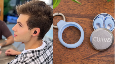 A young person with short hair wearing black CURVD earplugs while they hold a beer. A CURVD keyring and earplugs in an aluminum carry case.