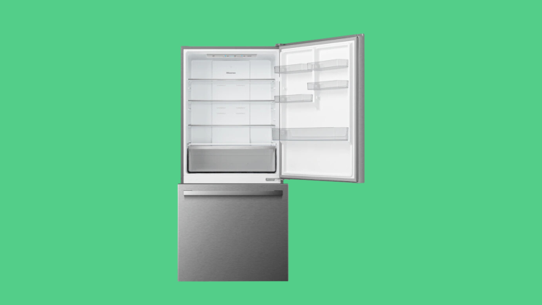 A bottom freezer on a green background.