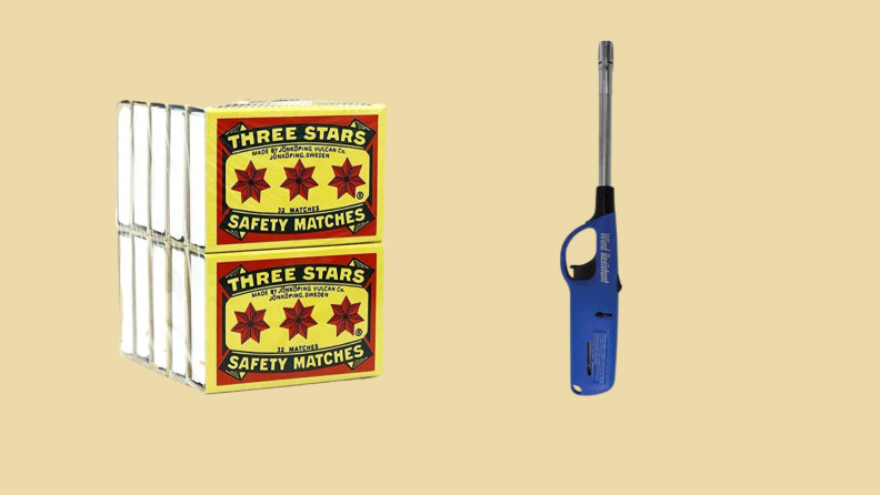 Matchbox and blue utility lighter against tan background