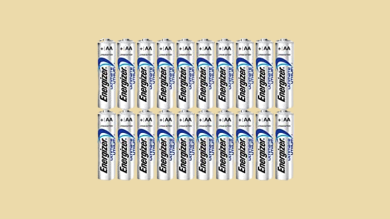 20 AA batteries against tan background