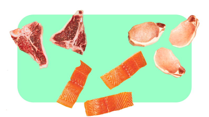 Raw t-bone steaks, salmon pieces, and pork chops.