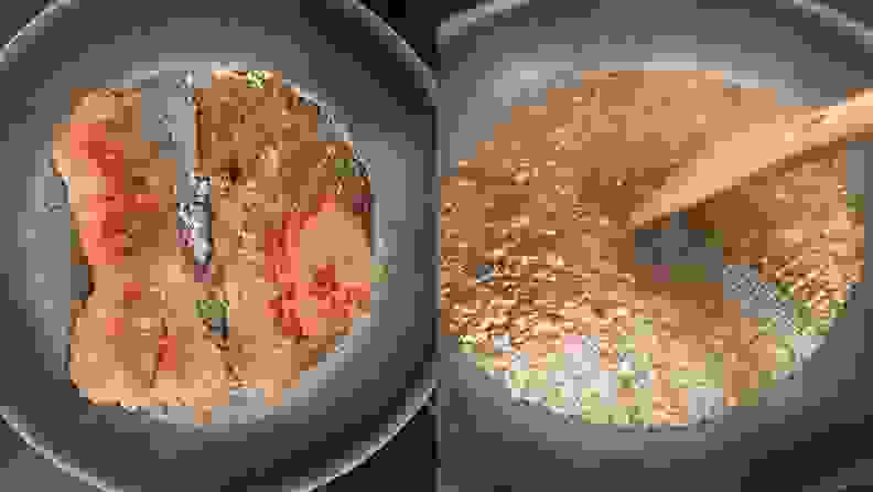 Left: two steaks searing on the Anolon X pan. Right: wooden spoon pushing a deglazing sauce to showcase it releasing