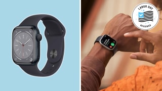 The Apple Watch Series 8 against a blue background and on a woman's wrist.