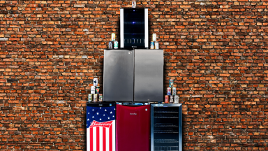 Our best beer fridges, stacked up in front of a brick wall.