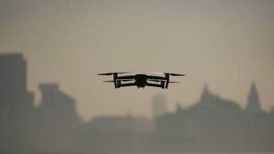 A drone hovers in the skies above Liverpool.