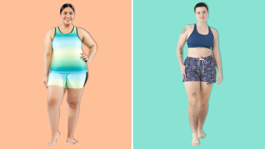 Gender neutral bathing suits on an orange and teal background.