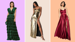 A gold dress with a leg slit, a black tiered dress, and a velvet green dress.