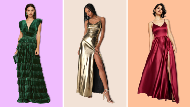 A gold dress with a leg slit, a black tiered dress, and a velvet green dress.