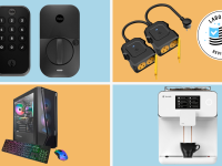 Various discounted Best Buy products on a colored background.