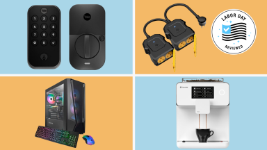 Various discounted Best Buy products on a colored background.