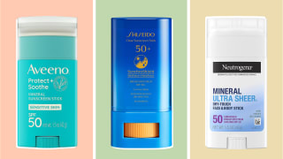 Sunscreen sticks from Aveeno, Shiseido, and Neutrogena against brightly colored backgrounds.