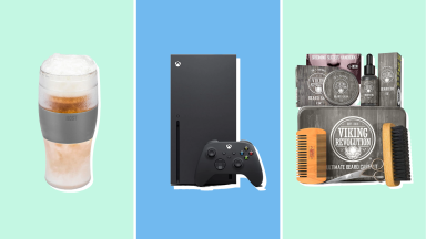 A beer glass, an Xbox, and a beard-grooming kit in front of green and blue backgrounds.