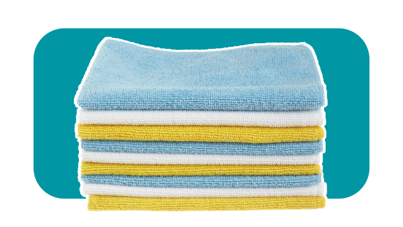 Blue, yellow and white microfiber cloths folded and stacked together.