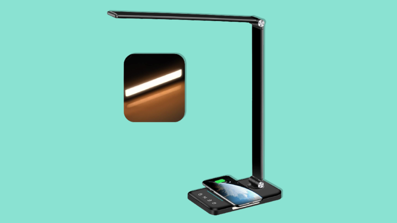 The dorm room essential, the AFROG multifunctional LED desk lamp on a teal background.