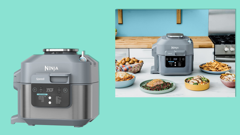 College dorm room essential Ninja Speedi Rapid Cooker and Air Fryer on a teal background.