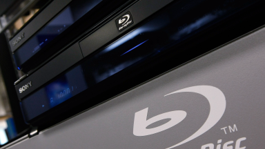 Sony Blu-ray players are displayed on a shelf at Best Buy.