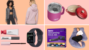 Lululemon hoodie, YETI Rambler Mug, Lodge enameled Dutch oven, Glossier Makeup Kit, Apple Watch SE, Roku Streaming Stick 4K, and Chilling Home pregnancy Pillow on an orange and pink background.