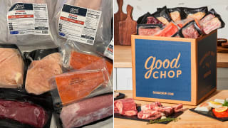 On left, several individually packaged meats on marble countertop. On right, raw individually packaged meats inside of Good Chop box packaging in modern kitchen setting.
