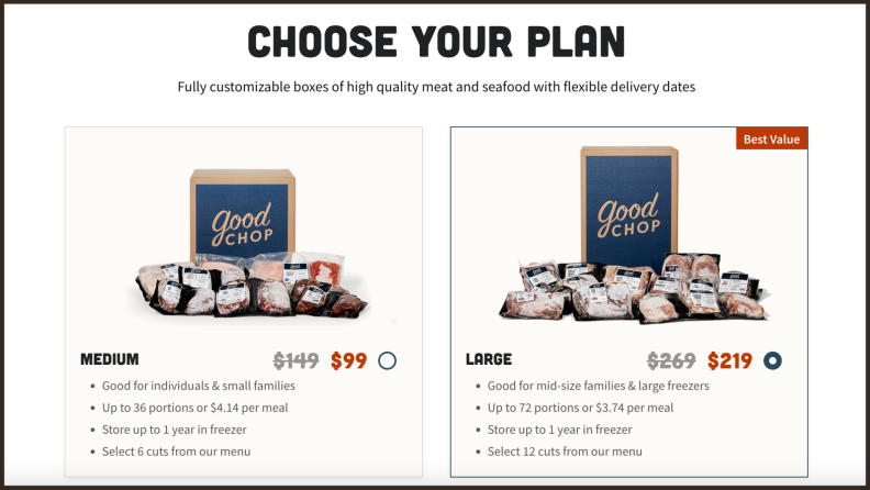 Side by side comparison of the medium and large boxes offered by Good Chop with their subscriptions.