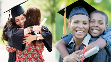 Graduates hugging family members.