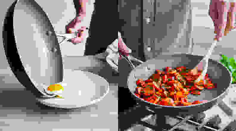 Split image. On the left, a fried egg being plated. On the right, someone sautéing tomatoes