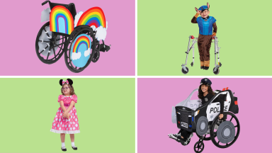 Top left, wheelchair with rainbow Halloween decorations. Top right, small child wearing Paw Patrol Halloween costume with walker. Bottom left, small child wearing Minnie Mouse Halloween costume. Bottom right, child in wheelchair wearing police Halloween costume.