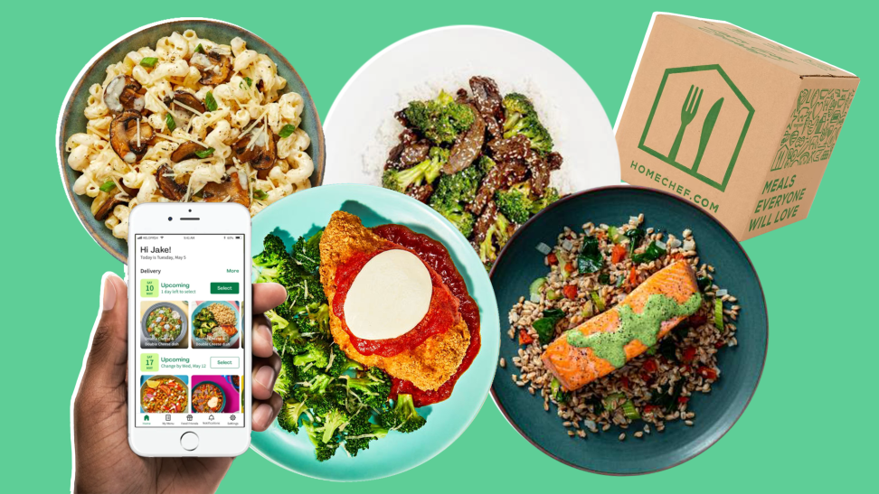 Prepared plates, a hand holding a phone displaying a meal kit app, and a meal kit box on a green background