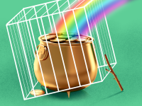 A DIY leprechaun trap with gold coins and a rainbow for St. Patrick's Day.