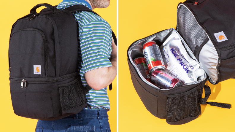 A man wears a Carhartt Backpack cooler on a yellow backdrop, next to him, the same model sits open, showing its contents.