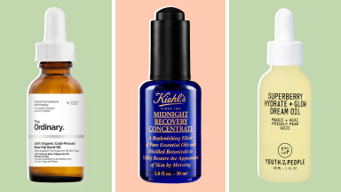 Three face oils from The Ordinary, Kiehl's, and Youth to the People against green and orange backgrounds.