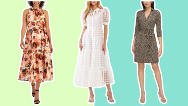 Three Macy's Best Dresses featuring women wearing a floral, a white, and olive green colored dresses.