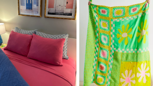 bed made with pink sheets and crochet throw blanket