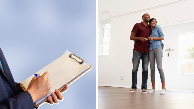 On left, person writing with a pen on clipboard. On right, couple standing side by side embracing as they look around the house together.