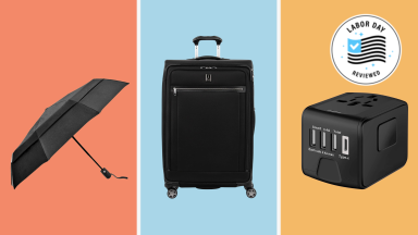 The image shows an umbrella, suitcase, and adapter with the Reviewed Labor Day Deals logo.