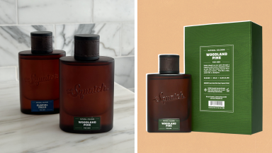 Image of the Dr. Squatch Woodland Pine cologne in its packaging, and also a shot of the Woodline Pine and Glacial Falls cologne bottles on a marble countertop.