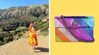 A leather, rainbow-colored handbag, and the author wearing a yellow dress with a crocheted orange handbag.