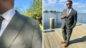 Full body shot and detail photograph of a green linen suit worn by the author.