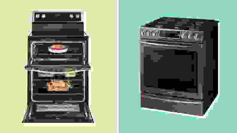 Two ovens side-by-side in front of a background.