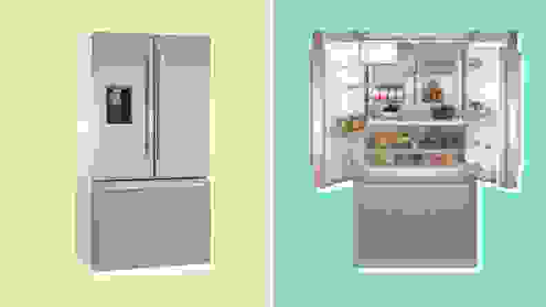Two refrigerators, one closed and the other open with food and condiments inside, next to each other in front of a background.