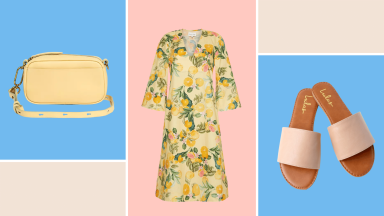 yellow crossbody bag, yellow floral dress, nude slide sandals