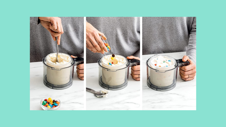 A person mixes candies into ice cream.